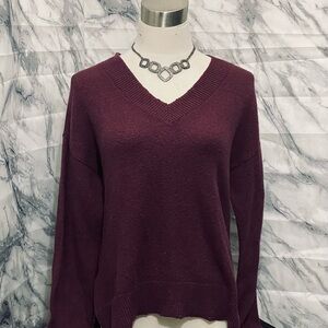 Melrose and Market Red V-Neck Sweater with Textured Knit and Long Sleeves